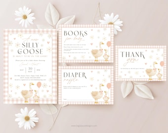 Silly Goose Girl Baby Shower Invitation. Peach Gingham Invite. Little Goose On The Loose Invite. Printable Mother Geese Baby Sprinkle. G5