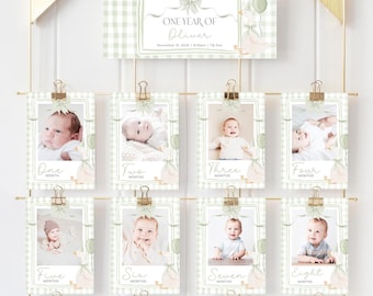 One Silly Goose Monthly Banner Printable Coquette Milestone Photo Banner. Sage Green Bow 12 Month First Birthday Sign Gingham Party Canva G8