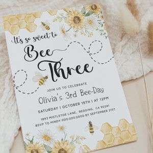 Bumble Bee 3rd Birthday Invitations. Honey Bee Themes for 3rd Birthday Party. Sweet to Bee Three Invites. Third Birthday Party Evite. B5