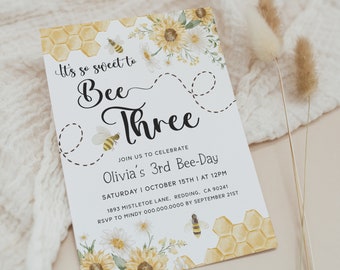 Bumble Bee 3rd Birthday Invitations. Honey Bee Themes for 3rd Birthday Party. Sweet to Bee Three Invites. Third Birthday Party Evite. B5