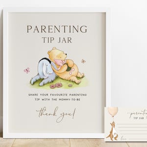 Editable Pooh Parenting Tip Jar Game. Baby Advice Card Game. Winnie the Pooh and Friends Baby Shower Party Sign & Game Ticket Print Canva N1