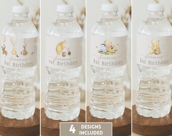 Winnie the Pooh Custom Label Water Bottle. Classic Pooh First Birthday Personalised Water Bottle Template. Printable Water Label Design. B2