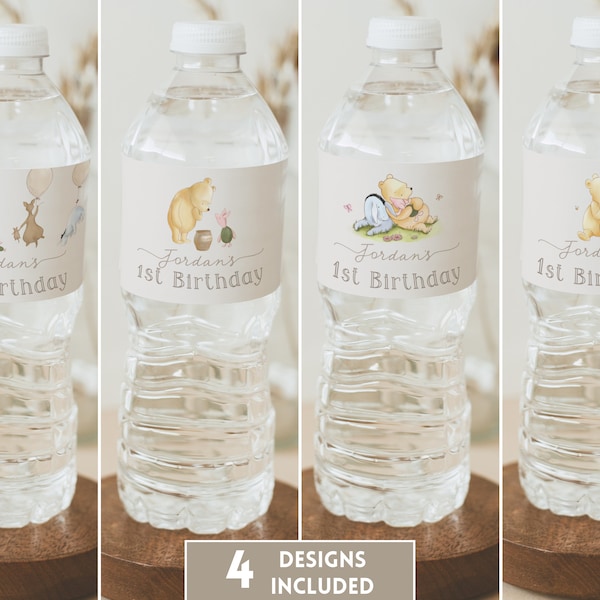 Winnie the Pooh Custom Label Water Bottle. Classic Pooh First Birthday Personalised Water Bottle Template. Printable Water Label Design. B2