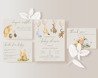 Classic Winnie the Pooh Baby Shower Invite. Vintage Pooh Invitation Set. Gender Neutral Themed Baby Sprinkle. Digital Editable Template. N1