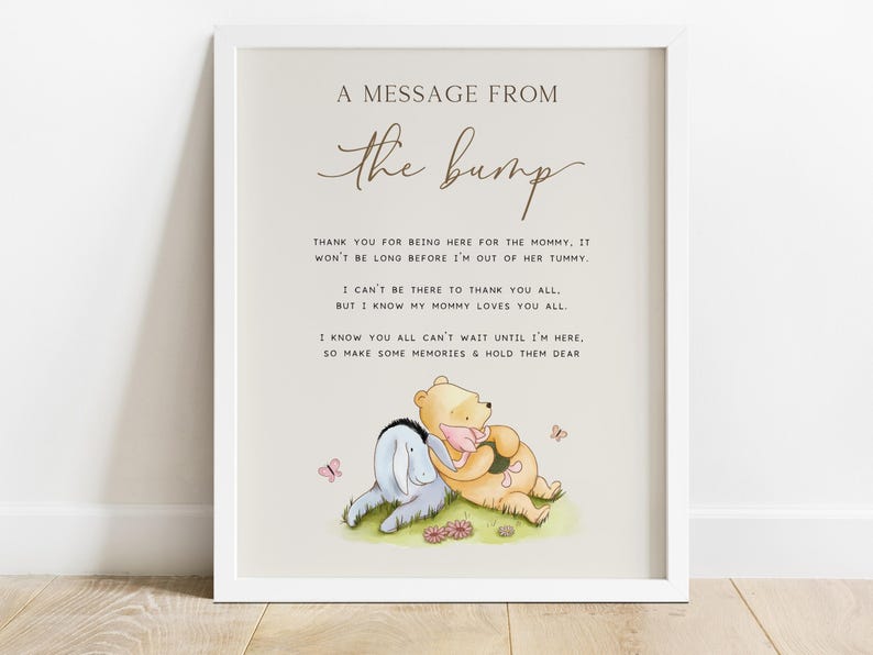 winnie the pooh game
pooh shower games
classic pooh signs
gaming baby shower
winnie pooh party
editable shower game
pooh printable
shower fun game
from the bump
bump sign
message from baby
shower table sign
baby shower signage