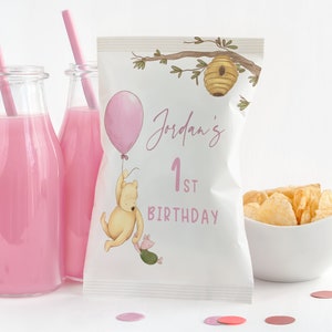 Pooh 1st Birthday Chip Bag. Classic Winnie the Pooh First Birthday. Pink Theme Birthday. Custom Party Favors. Piglet Balloon Decorations. B3