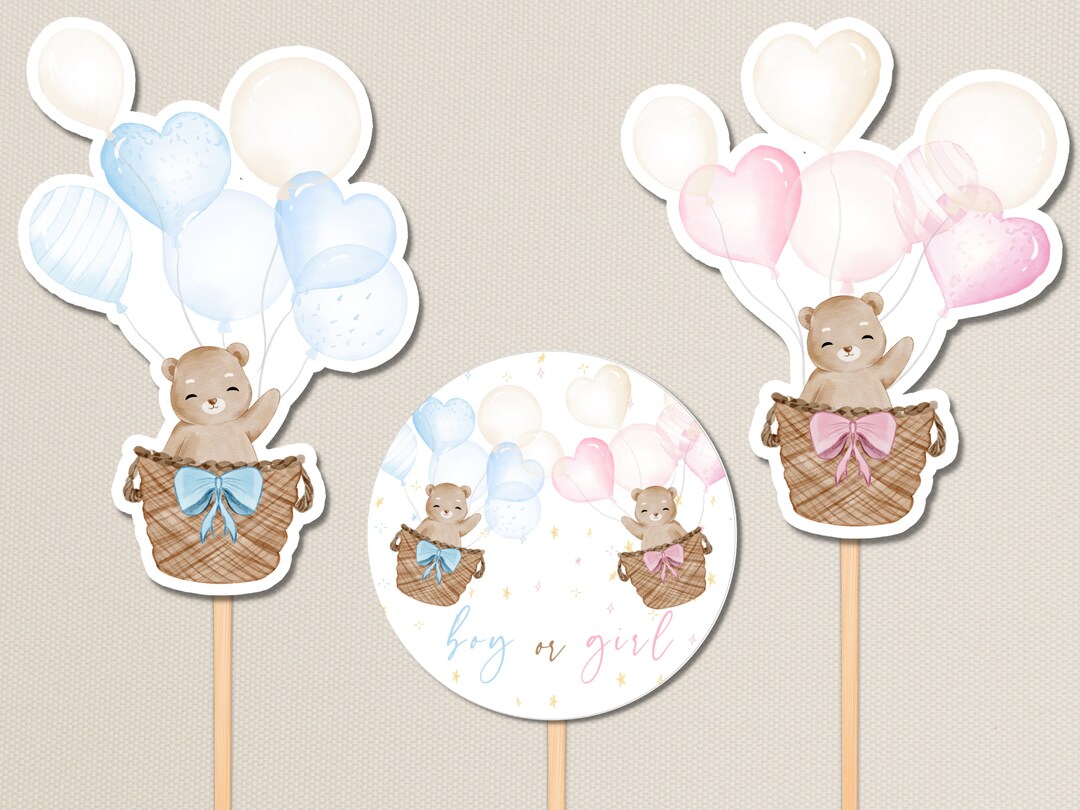 Teddy Bear Cutouts Gender Reveal Hot Air Balloon Cake Topper. Boy OR ...