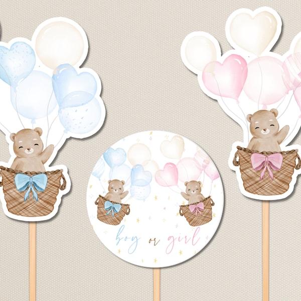 Teddy Bear Cutouts Gender Reveal Hot Air Balloon Cake Topper. Boy OR Girl Cupcake Topper. Cake Pops Blue & Pink. Brown Bear Popsicle. T5