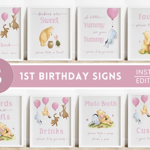 Pooh 1st Birthday Sign Bundle. Girls First Birthday Signs. Classic Winnie the Pooh Party Supplies. Dessert Table Sign. Card and Gift Sign B3