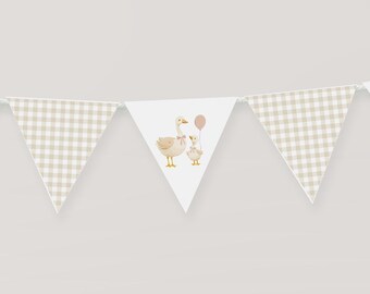 Goose Baby Shower Banner. Printable Mother Goose Bunting Garland. One Silly Goose 1st Birthday Party Decor, Gender Neutral Gingham Geese. G4