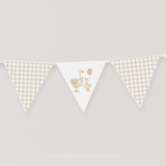 Goose Baby Shower Banner. Printable Mother Goose Bunting Garland. One Silly Goose 1st Birthday Party Decor, Gender Neutral Gingham Geese. G4