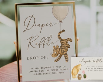 Diaper Raffle Ticket | Diaper Raffle Sign | Classic Winnie the Pooh Balloons Decoration | Vintage Baby Shower Signage Printable Template. N1