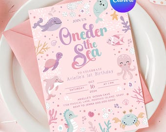 Oneder the Sea Birthday Invitation. Ocean Birthday Party Invitation. Girl Printable Ocean Animals. 1st Birthday Invite. Editable Template Z5