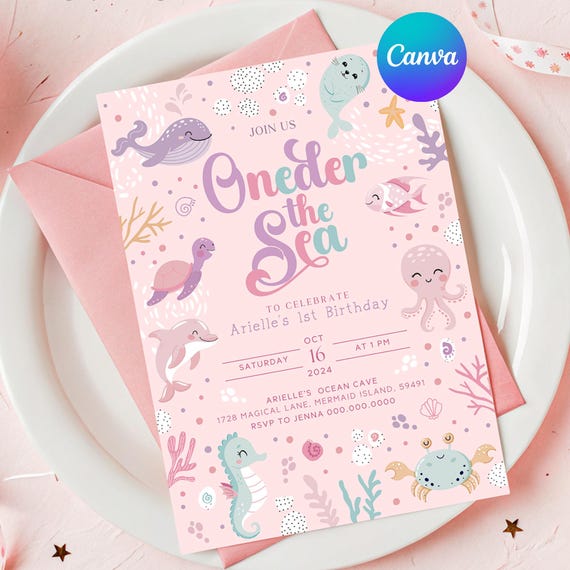 Oneder the Sea Birthday Invitation. Ocean Birthday Party Invitation. Girl Printable Ocean Animals. 1st Birthday Invite. Editable Template Z5
