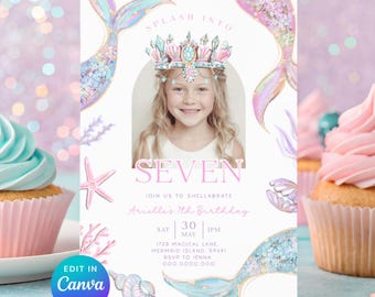 Invitación editable de sirena para niña de 7 años con foto, rosa, morado, purpurina, destellos, chapoteo en los siete años, invitación de fiesta temática de 7º cumpleaños Canva Z8