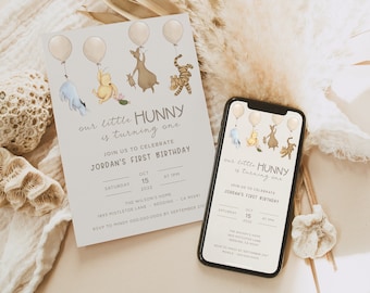Pooh Neutral 1st Birthday Invite. Classic Winnie the Pooh Evite Birthday Party. One Baby First Birthday Girl OR Boy. Digital Invitation. B2