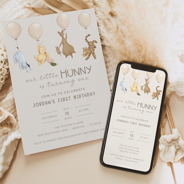 Pooh Neutral 1st Birthday Invite. Classic Winnie the Pooh Evite Birthday Party. One Baby First Birthday Girl OR Boy. Digital Invitation. B2