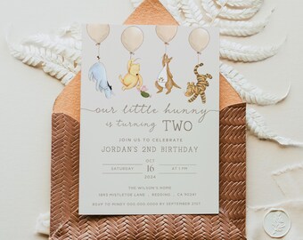 Editable Classical Pooh Our Little Hunny 2nd Birthday Invite. Vintage Winnie the Pooh Invitation. Turning 2 Second Party Neutral Theme. B2