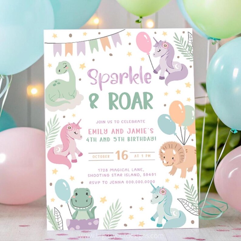 Unicorn and Dinosaur Invitations