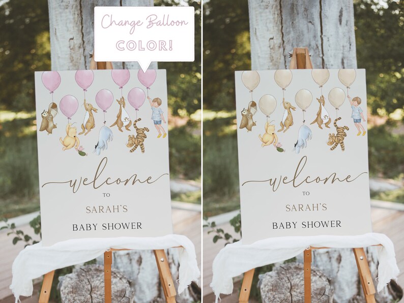 Peut inclure: Panneau d'accueil pour la baby shower de Sarah avec Winnie l'ourson et ses amis tenant des ballons roses. Le panneau est sur un chevalet et a un fond brun clair.