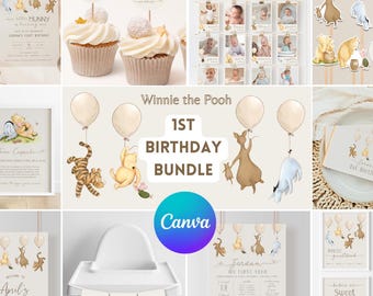 Classic Winnie the Pooh 1st Birthday Bundle. Vintage Pooh Decoration Package. Girl & Boy First Birthday Decor Neutral Pooh Party Supplies B2