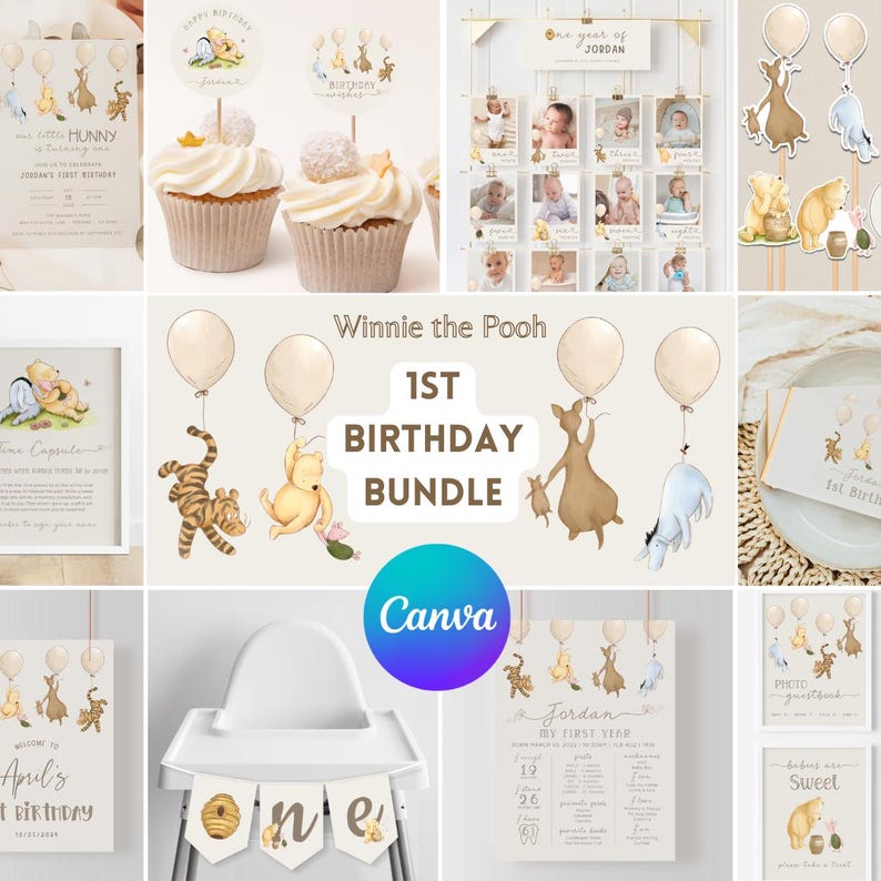 Classic Winnie the Pooh 1st Birthday Bundle. Vintage Pooh Decoration Package. Girl & Boy First Birthday Decor Neutral Pooh Party Supplies