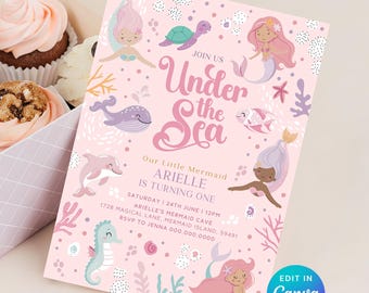 Editable Mermaid 1st Birthday Invitation - Under the Sea Party Invite - Printable Template - Ocean Life First Birthday Instant Download Z1