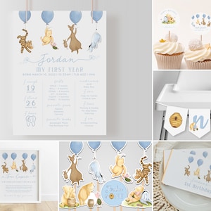 May include: A collection of Winnie the Pooh themed party decorations. Includes a personalized poster with the text "Jordan My First Year", cupcake toppers, a high chair banner, and a birthday card. The color scheme is light blue and yellow.