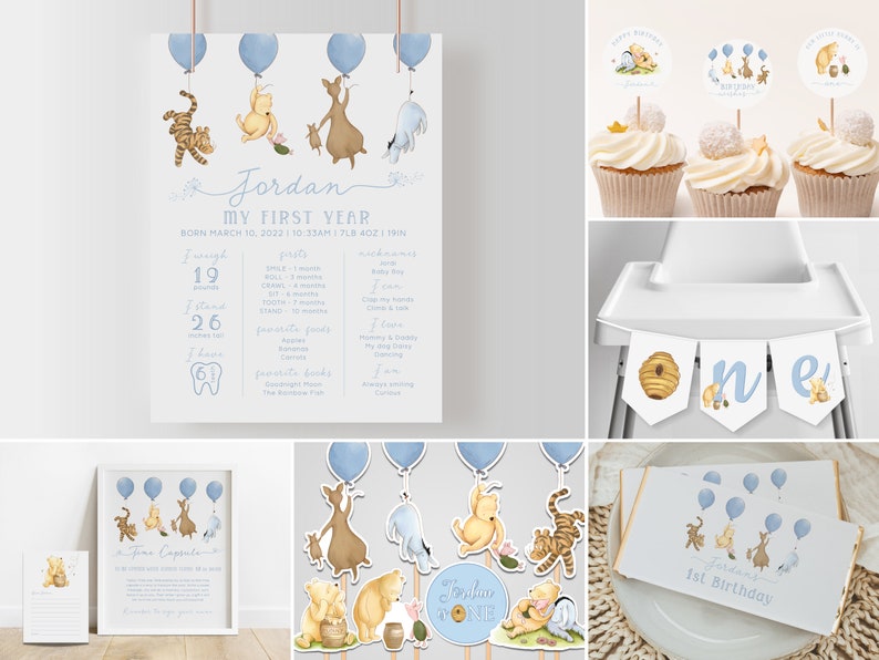 May include: A collection of Winnie the Pooh themed party decorations. Includes a personalized poster with the text "Jordan My First Year", cupcake toppers, a high chair banner, and a birthday card. The color scheme is light blue and yellow.