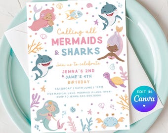 Mermaid and Shark Birthday Invitation - Editable Digital Template - Instant Download - Sibling Joint Party - Boy Girl Under the Sea Theme Z2