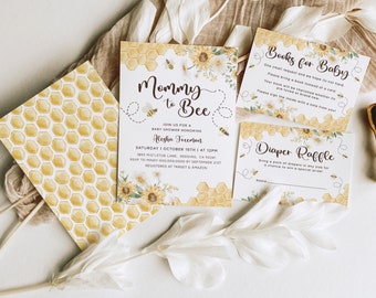 EDITABLE Mommy to Bee Invite Bundle. Mama to Bee Invitation Suite. Baby Shower Invitations. Digital Bumble Bee Templates Gender Neutral. B1
