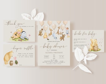Classic Winnie the Pooh Baby Shower Invite. Vintage Pooh Invitation Set. Gender Neutral Themed Baby Sprinkle. Digital Editable Template. N1