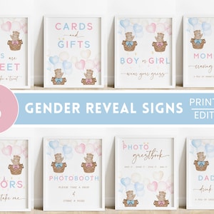 Teddy Bear Gender Reveal Sign Bundle. Gender Reveal Ideas. Printable Boy or Girl Table Decorations. Pink & Blue Party Food Signage Decor. T1