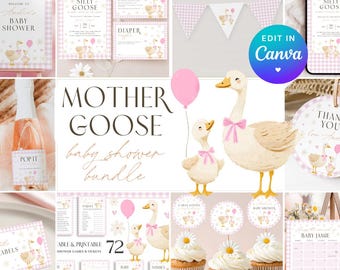 Silly Goose Baby Shower Bundle. Pink Gingham Goose Invitation, Fun Editable Games Set, Girl Party Decor, Digital Sign, Printable Template G6