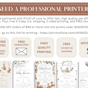 May include: A collection of printable baby shower invitations with woodland animal themes. The invitations feature a variety of designs, including a bear, a deer, and a fox. The text on the invitations includes the words "baby shower", "bridal shower", and "we can bearly wait".