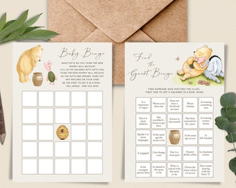 Winnie the Pooh Baby Shower Bingo. Baby Bingo Printable. Find the Guest Bingo. Pooh Baby Shower Games Bundle. Editable Baby Bingo Cards.