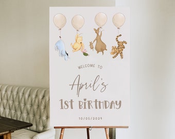 Pooh 1st Birthday Board. First Birthday Welcome Sign. Printable Welcome Poster. Neutral Themed Welcome Banner. Digital Template for Party B2