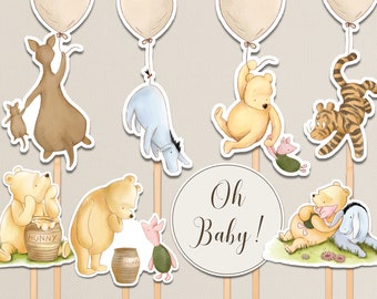 Winnie the Pooh Baby Shower Decorations. Editable Gender Neutral Centerpiece. Classic Pooh Bear Balloon Cut Out. Vintage Pooh Cake Topper N1
