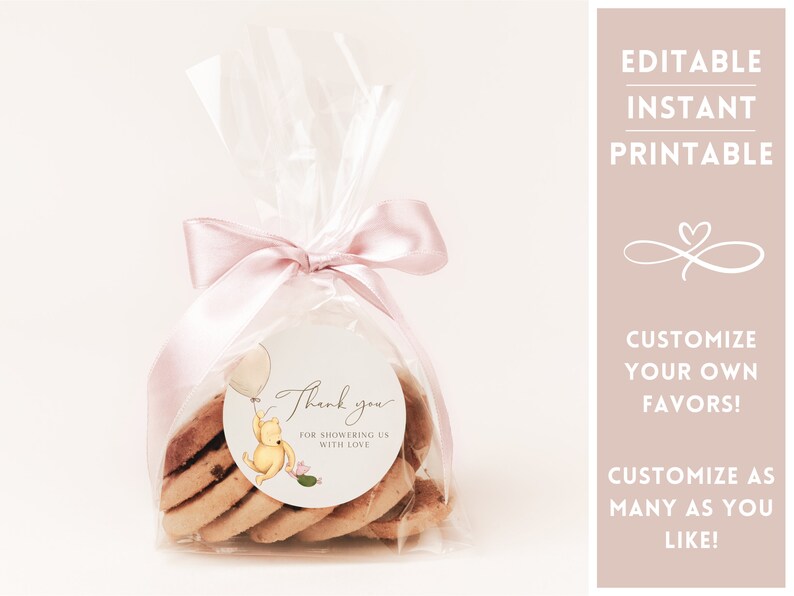 May include: A Winnie the Pooh-themed thank you favor bag with a pink ribbon and a round sticker that says "Thank you for showering us with love". The sticker features a cartoon Winnie the Pooh holding a balloon and a cactus.