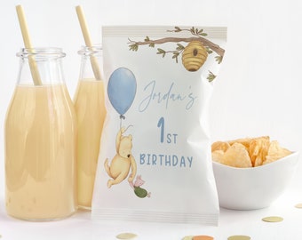 Pooh 1st Birthday Chip Bag. Winnie the Pooh First Birthday Boy Decorations. Pooh and Piglet Blue Themed Customizable Printable Template. B4