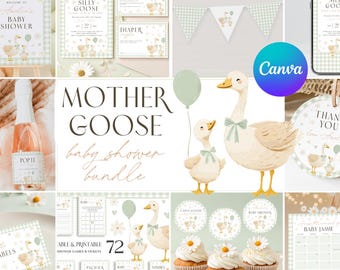 Goose Baby Shower Bundle. Gender Neutral Gingham Goose Invitation, Fun Editable Games Set, Sage Green Party Decor, Printable Templates. G3