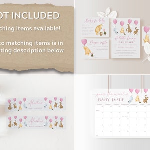 May include: Winnie the Pooh themed baby shower printable set with pink balloons, a calendar for guests to guess the baby's arrival date, a thank you card, a diaper raffle card, a book request card, and a baby shower invitation. The invitation says "A Little Honey is on the Way".
