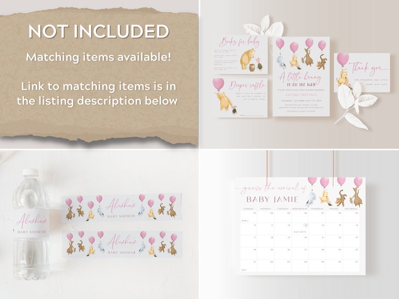 May include: Winnie the Pooh themed baby shower printable set with pink balloons, a calendar for guests to guess the baby's arrival date, a thank you card, a diaper raffle card, a book request card, and a baby shower invitation. The invitation says "A Little Honey is on the Way".