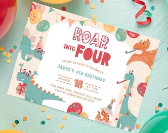 Dinosaur Birthday Invitation Four. Modern Dino Birthday 4th Invite. Printable Roar Into 4 Invitations. Cute Digital Boy Kids Party Theme. D4