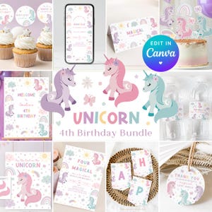 Unicorn 4th Birthday Decorations. Pastel Unicorn Party Bundle. Printable Four Ever Magical Invitation. Editable Rainbow Themed Girl Decor Z4