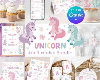 Unicorn 4th Birthday Decorations. Pastel Unicorn Party Bundle. Printable Four Ever Magical Invitation. Editable Rainbow Themed Girl Decor Z4