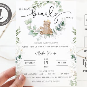 Teddy Bear Baby Shower Invitation. We can Bearly Wait Invitations. Greenery Baby Shower Invite. Garden Baby Shower Editable Printable. T4