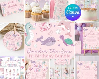 Oneder The Sea Bundle First Birthday Under the Sea Decorations Package Pastel Cute Sea Life Animals Printable Editable Girl 1st Party Set Z5