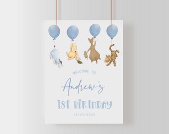 Winnie the Pooh Boy First Birthday Welcome Sign. Blue Themed 1st Birthday. Printable Classic Pooh Bear Entrance Board Balloon Decor.  B4