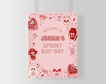 May include: A pink Halloween party poster with the text "Welcome to Jenna's Spooky Boo-Day". The poster features various spooky illustrations, including a skull, coffin, ghost, and heart-shaped cake.